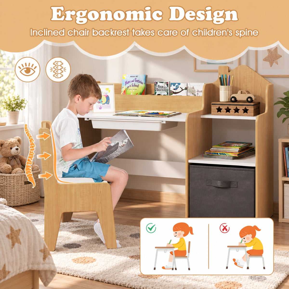 Airfind Kids Study Desk and Chair Set with Open Shelves Drawer and Fabric Storage Bin, 44 lbs Capacity, MDF Non-woven Fabric Desk Frame, Natural