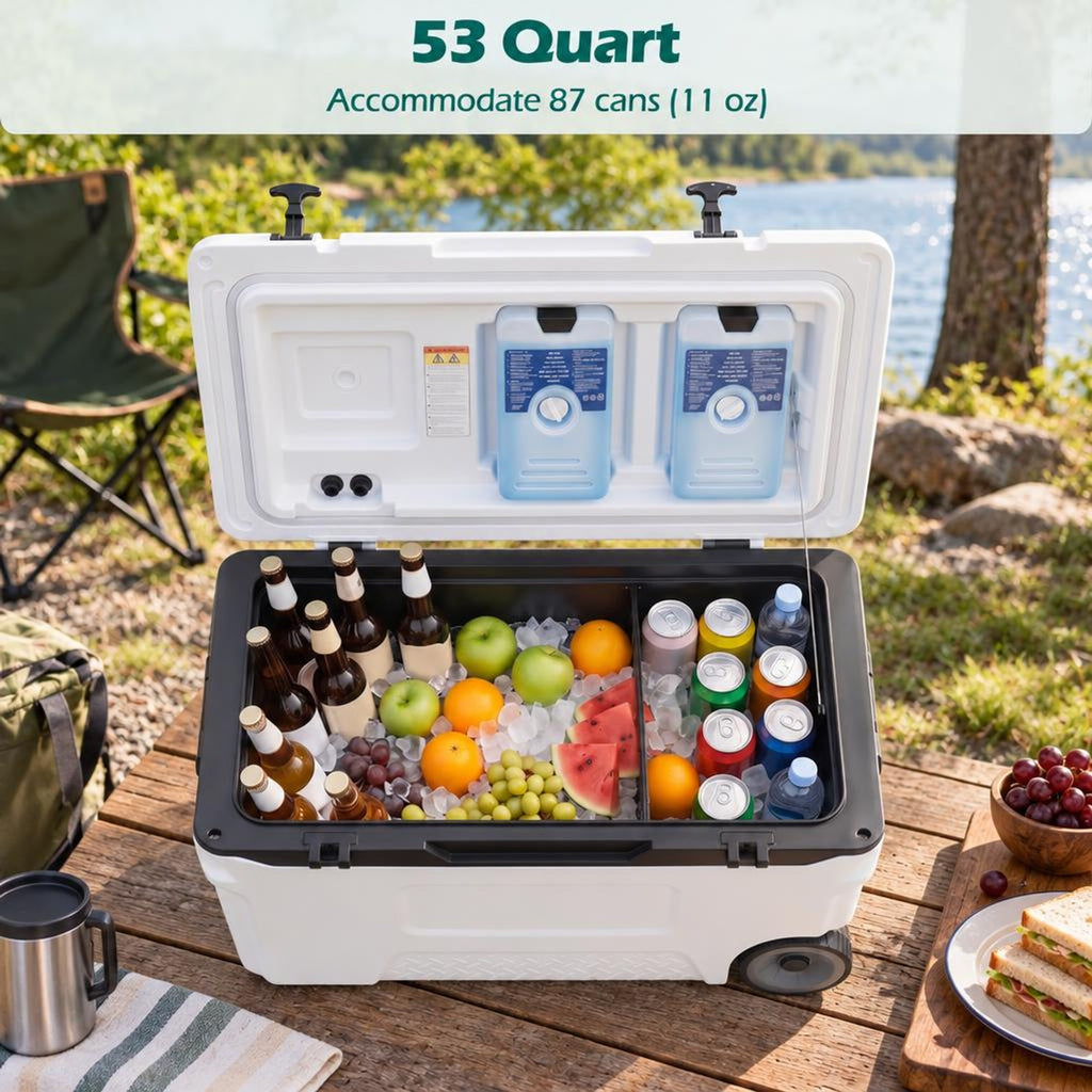 Airfind 53 Quart Portable Rolling Cooler with Fish Ruler for Outdoor, PP PU HDPE TPE Frame, 29.5 x 16 x 16 Footprint, White