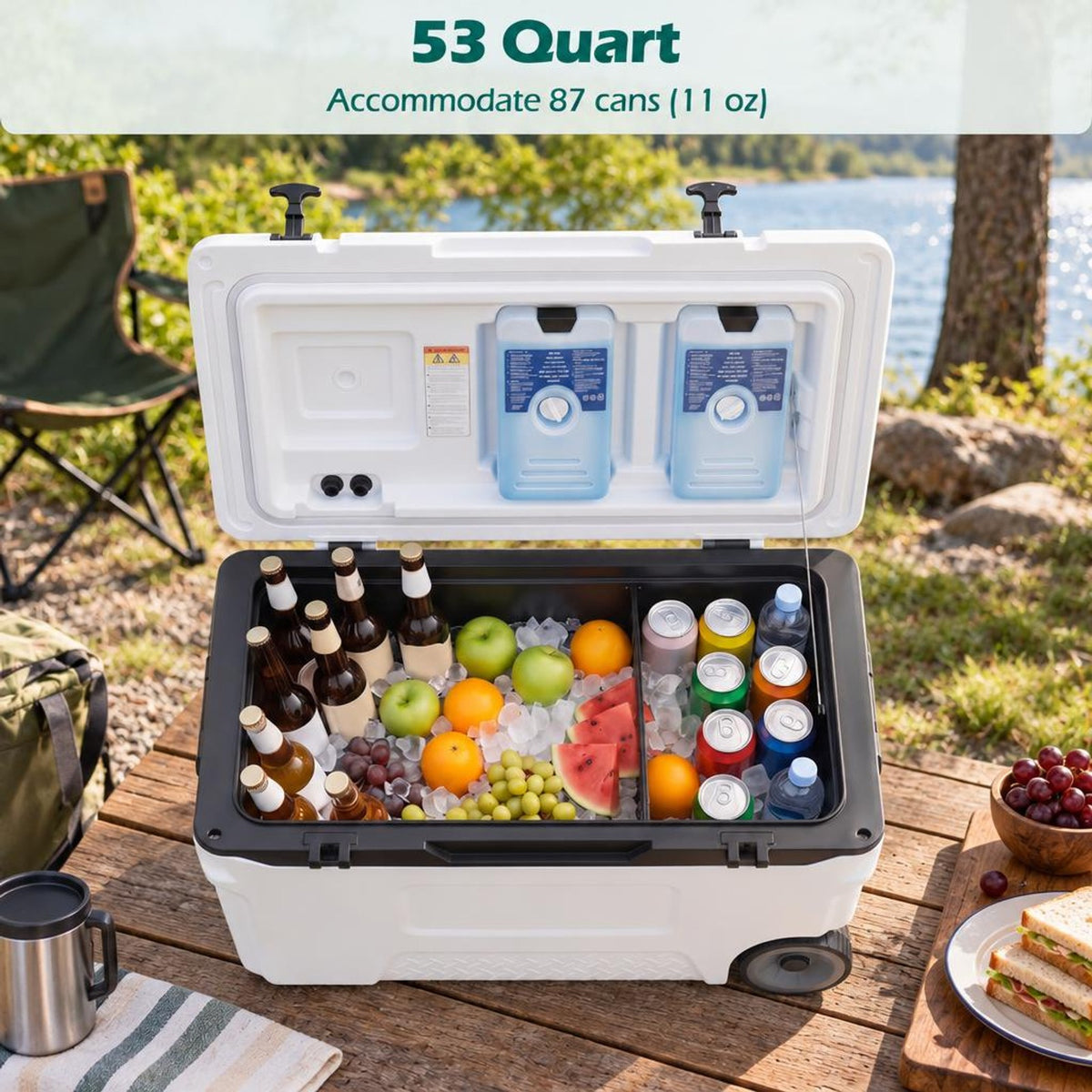 Airfind 53 Quart Portable Rolling Cooler with Fish Ruler for Outdoor, PP PU HDPE TPE Frame, 29.5 x 16 x 16 Footprint, White