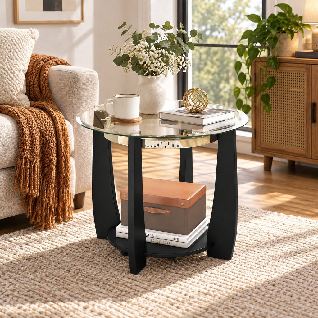 Airfind 32 Inch 2-Tier Glass Round Coffee Table with Storage Shelf, 300 lbs Capacity, Tempered Glass Rubber Wood Stainless Steel Plastic Frame, Black