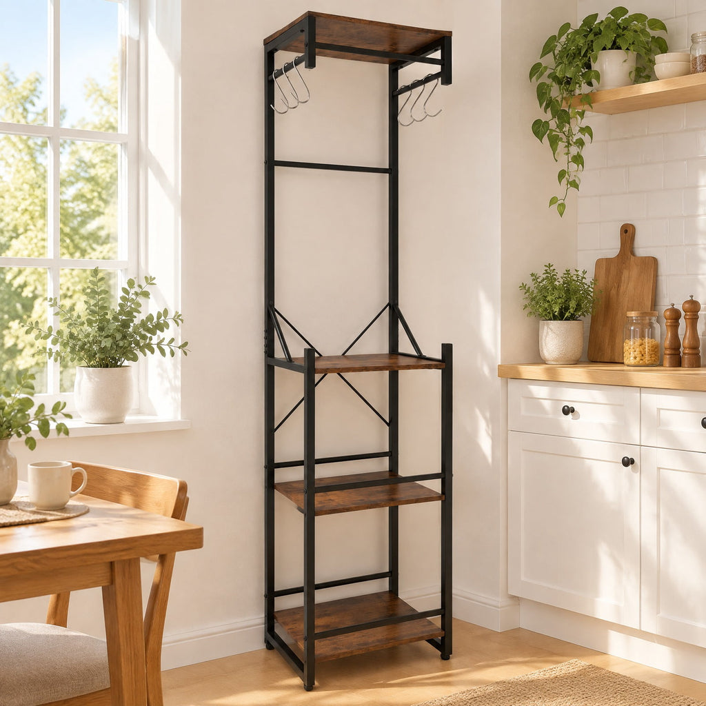 Airfind Freestanding Coat Rack with 4 Storage Shelves and 6 Hooks, 22 lbs Capacity, Metal Engineered Wood, 16 Inch x 12 Inch x 64 Inch , Brown