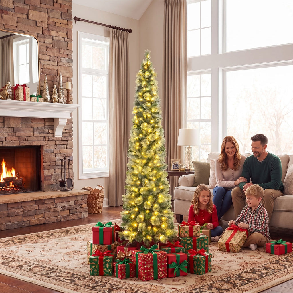 Airfind 6/7/8 FT Pre-Lit Pencil Artificial Christmas Tree with 120/150/200 LED Warm White Lights and 8 Modes, White