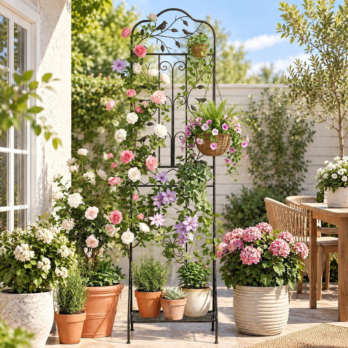 Airfind 75 x 20 Inch Outdoor Metal Garden Trellis with Foldable Bottom Shelf, 33 lbs Capacity, Metal Frame, 20 x 12 x 75 Footprint, Black