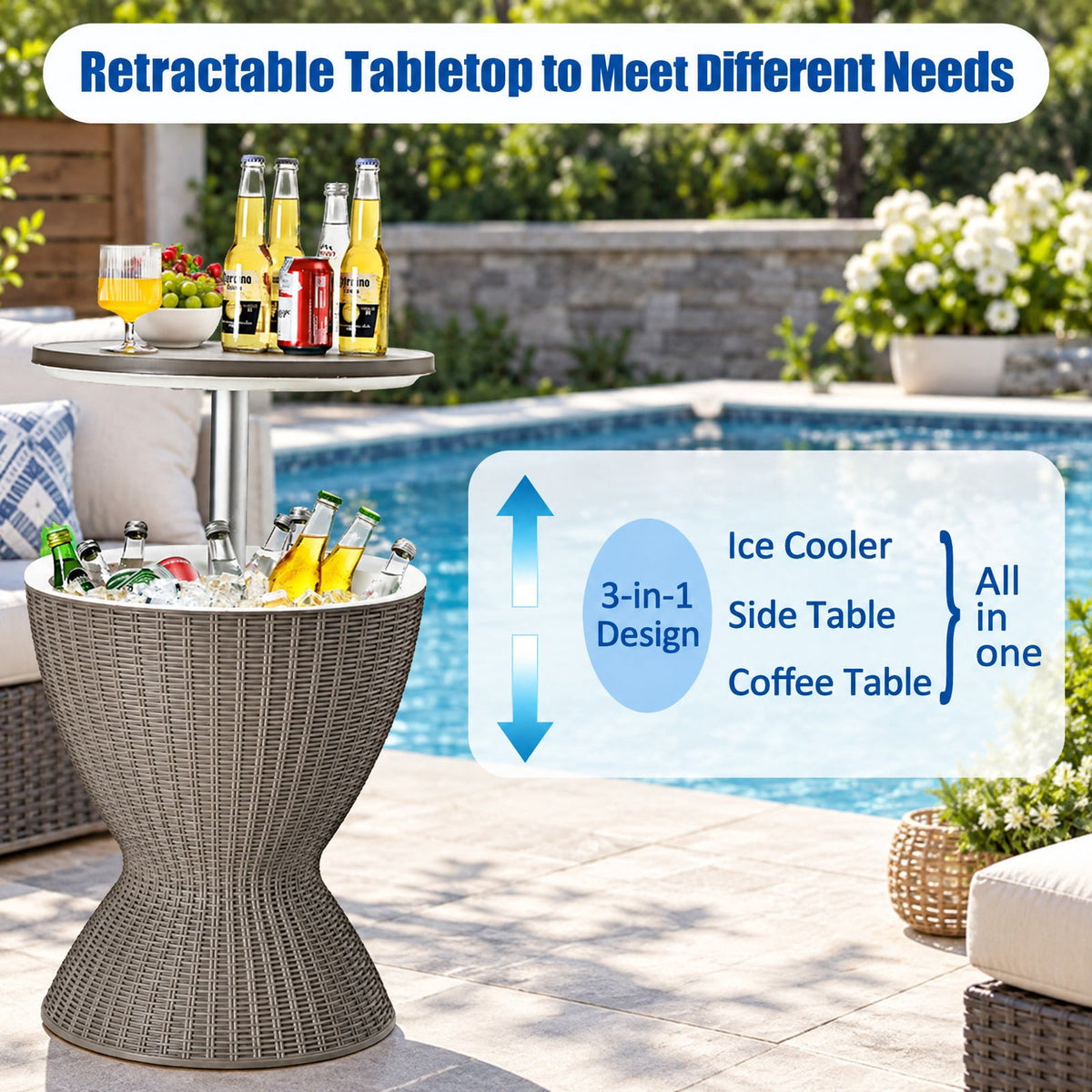 Airfind 3 in 1 8 Gallon Patio Rattan Cooler Bar Table with Adjust Ice Bucket, 165 lbs Capacity, PP Frame, Φ19 x 22.5 Footprint, Brown