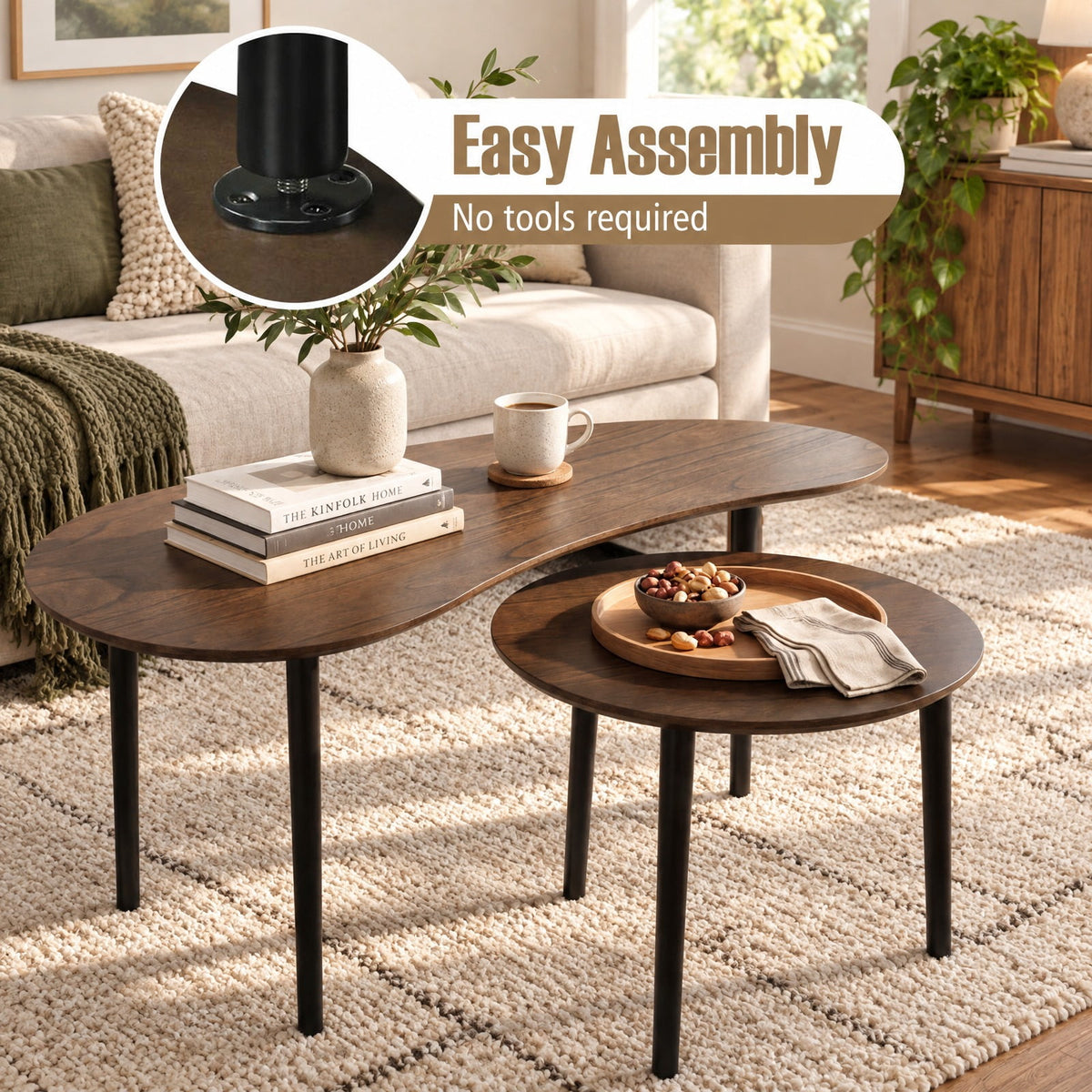 Airfind 2 Pieces Mid Century Nesting Tables with Rubber Wood Legs, 66 Lbs Capacity, Rubber Wood MDF for Convenient Everyday Use, Walnut