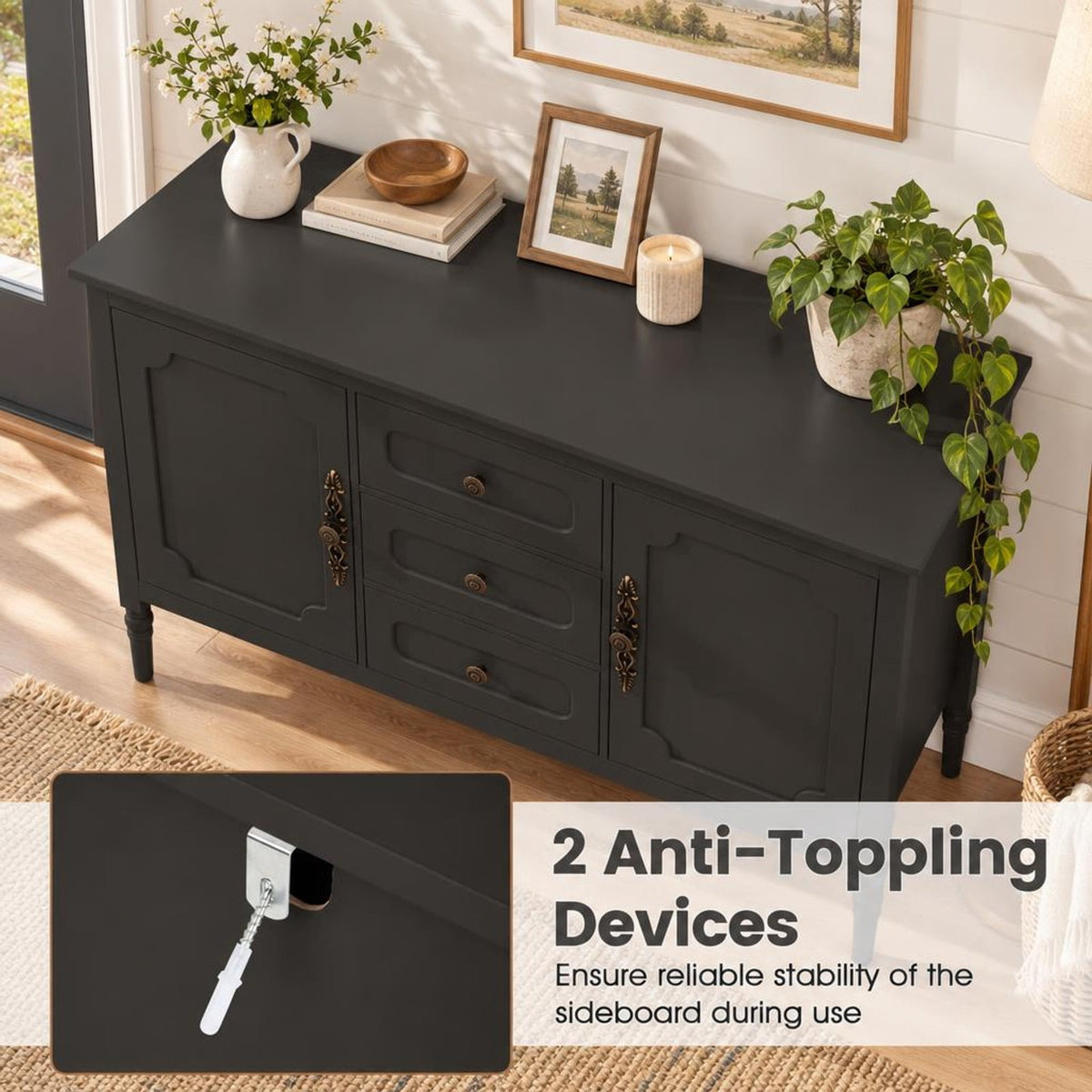 Airfind 47 Inch Vintage Buffet Cabinet with 3 Drawers 2 Cabinets and Adjustable Shelves for Dining Room, 110 lbs Capacity, 47 Inch x 15.5 Inch x 31.5 Inch Footprint