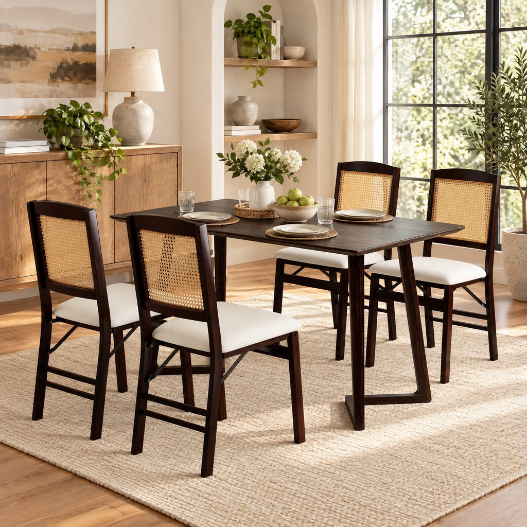 Airfind Folding Dining Chairs Set of 4 Rubber Wood Chairs with Linen Padded Seat, 400 Lbs Capacity, Rubber Wood PE Rattan Linen Fabric Sponge, Coffee