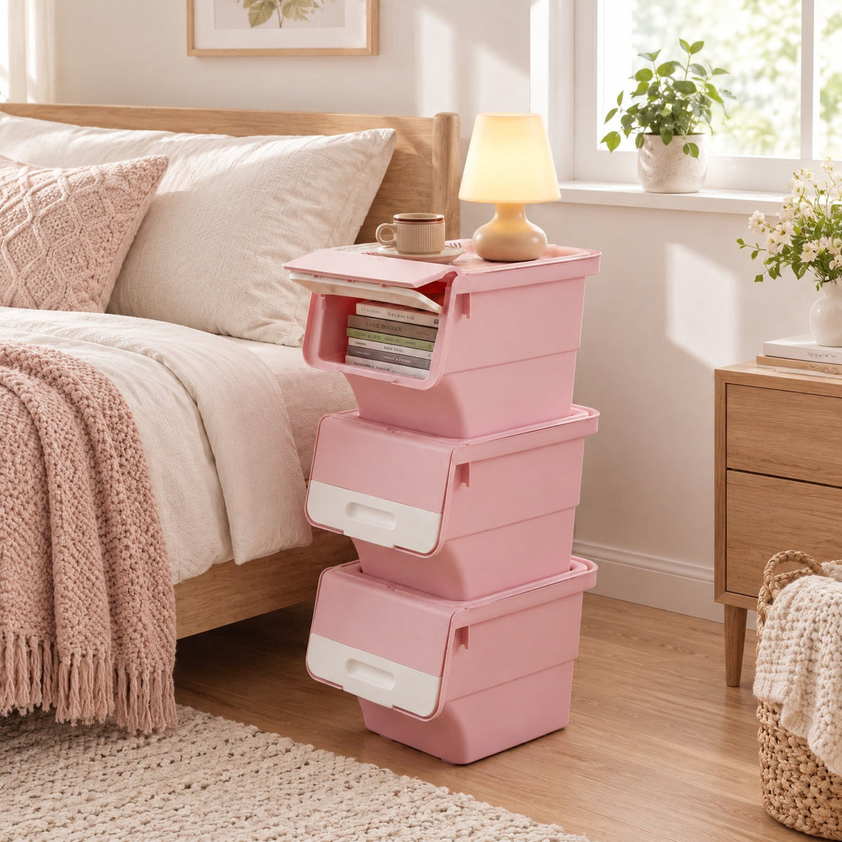 Airfind 3 Pieces Storage Bins on Wheels Stackable Plastic Boxes with Stay-Open Lid (S), 13 lbs Capacity, PP Frame, Pink