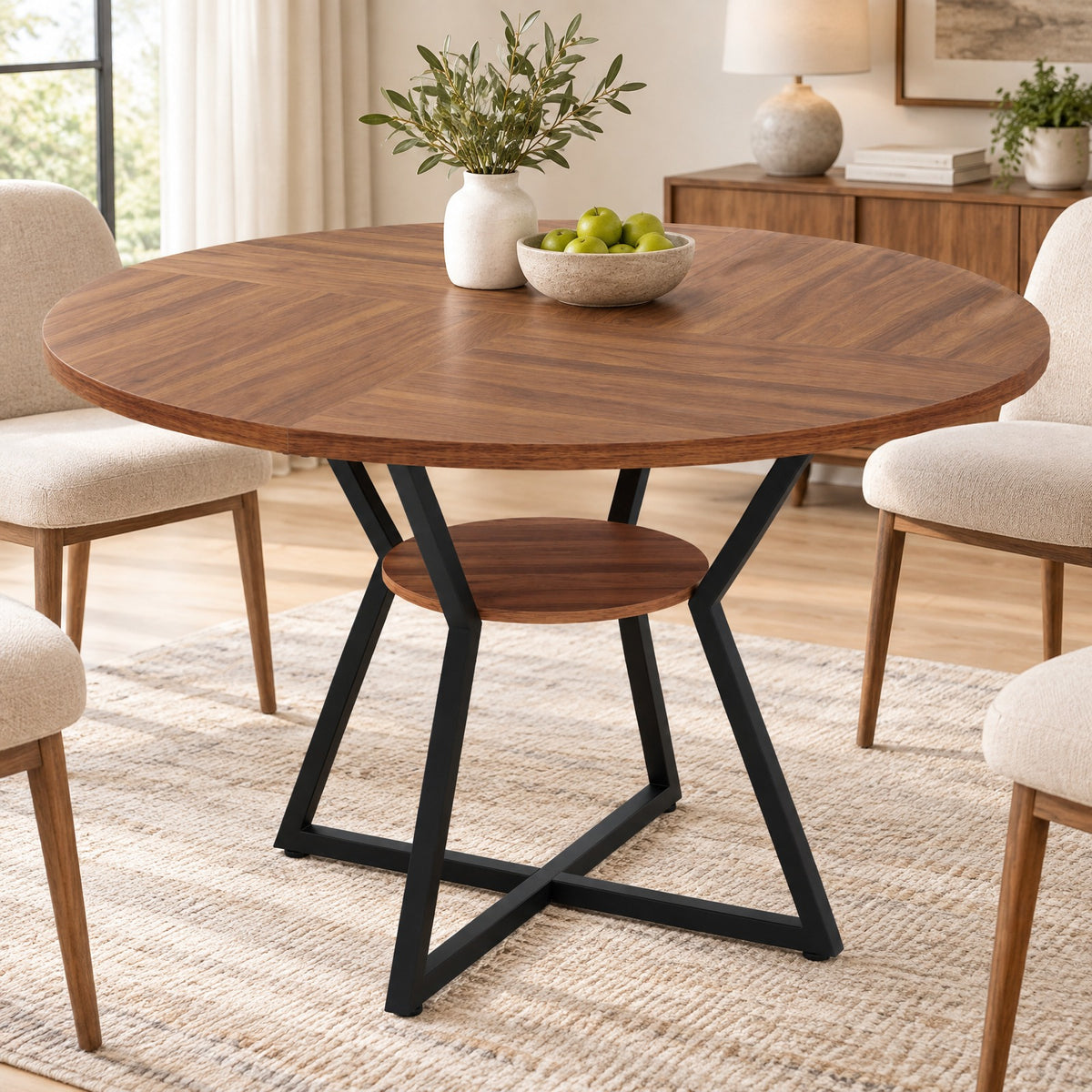 Airfind 47in Round Dining Table for 4 with Storage Shelf, 200 lbs Capacity, MDF Metal Frame, 47in x 30in Footprint, Brown