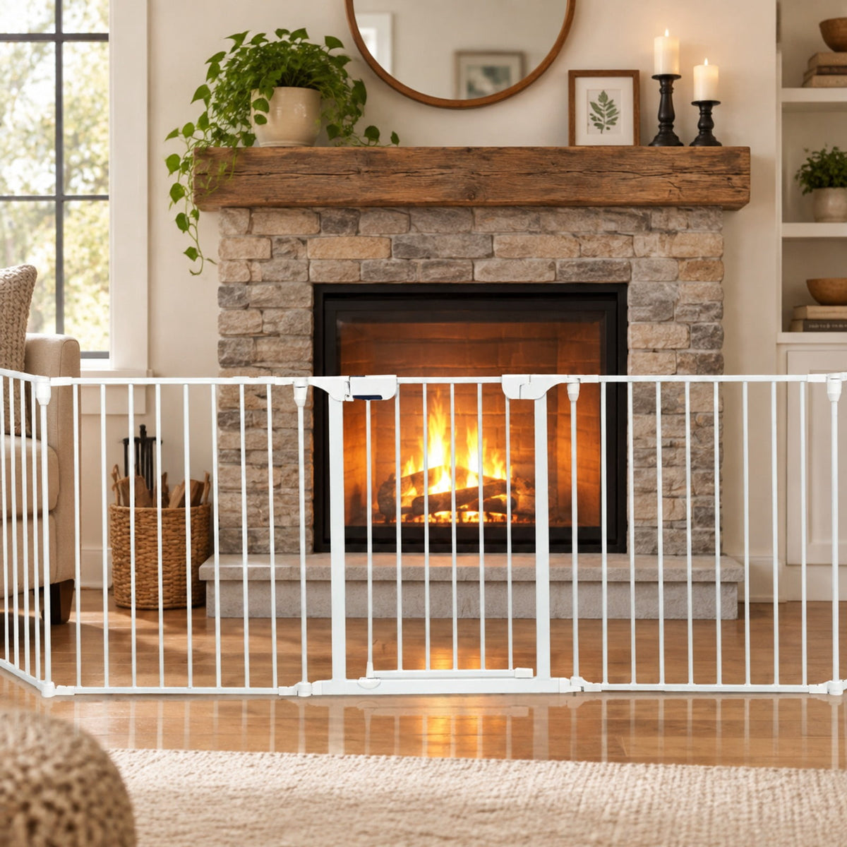 Airfind 115 Inch Length 5 Panel Adjustable Wide Fireplace Fence, Steel Frame, White, Size of each panel 29 x 24 (L x W)