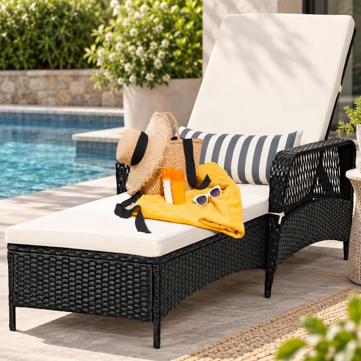 Airfind PE Rattan Armrest Chaise Lounge Chair with Adjustable Pillow, 400 lbs Capacity, Steel PE wicker rattan fabric foam Frame, White