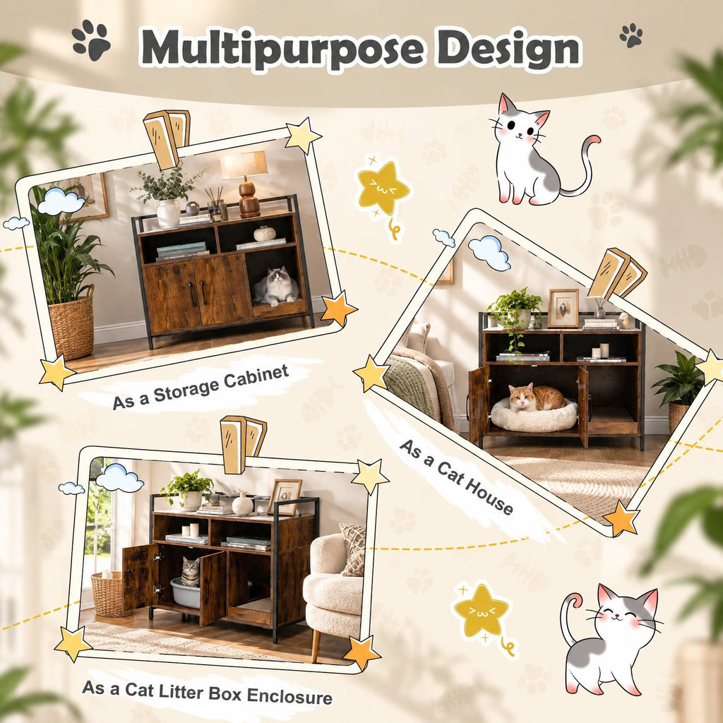 Airfind Hidden Cat Washroom with Double Doors and Scratch Cardboard, MDF Metal Frame, 35 x 17.5 x 29.5 Compartment Footprint, Coffee