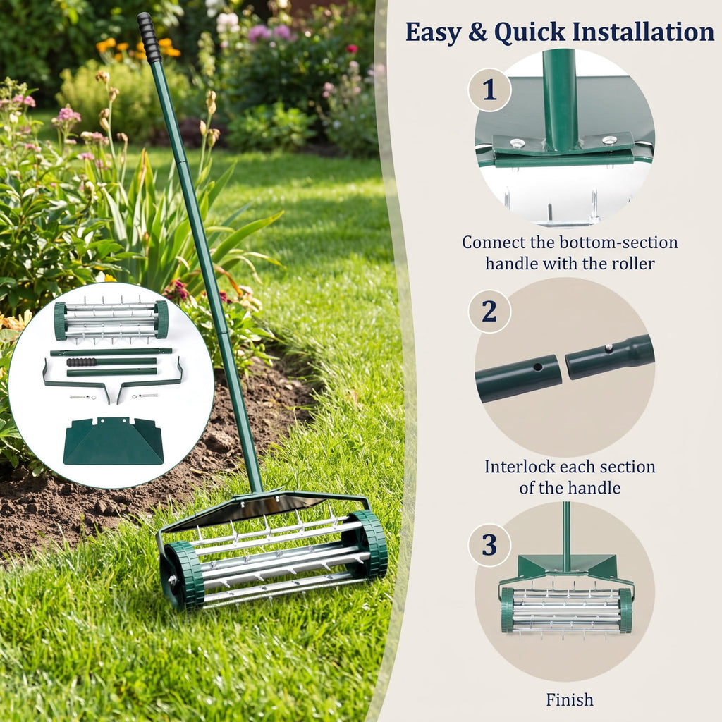 Airfind 18 Inch Rolling Lawn Aerator with Splash, Steel rubber pp Frame, 17 x 8 x 50 (L x W x H) Splash guard Footprint, Dark green and silver