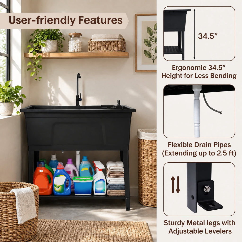 Airfind 100L Utility Sink Laundry Tub with Rotating Faucet and Storage Shelf, Sink 155 lbs Capacity, Metal ABS PP PE Stainless Steel Frame, Black