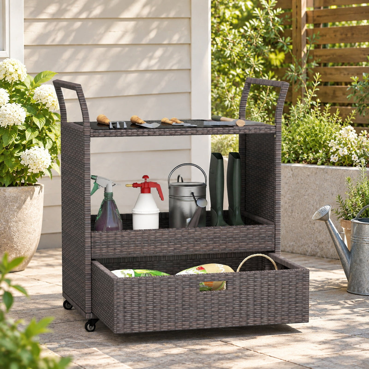 AIRFIND Outdoor Bar Cart with Wicker Exterior, Tempered Glass Top, Storage Drawer and Shelf, Four Casters with Two Brakes, 33.5 in Wide