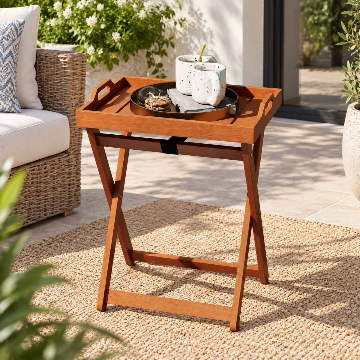 Airfind Outdoor Wood Tray Table Portable Side End Table with Folding Frame, 55 lbs Capacity, Wood Polyester Frame, 16 x 21 x 27 Footprint, Wood