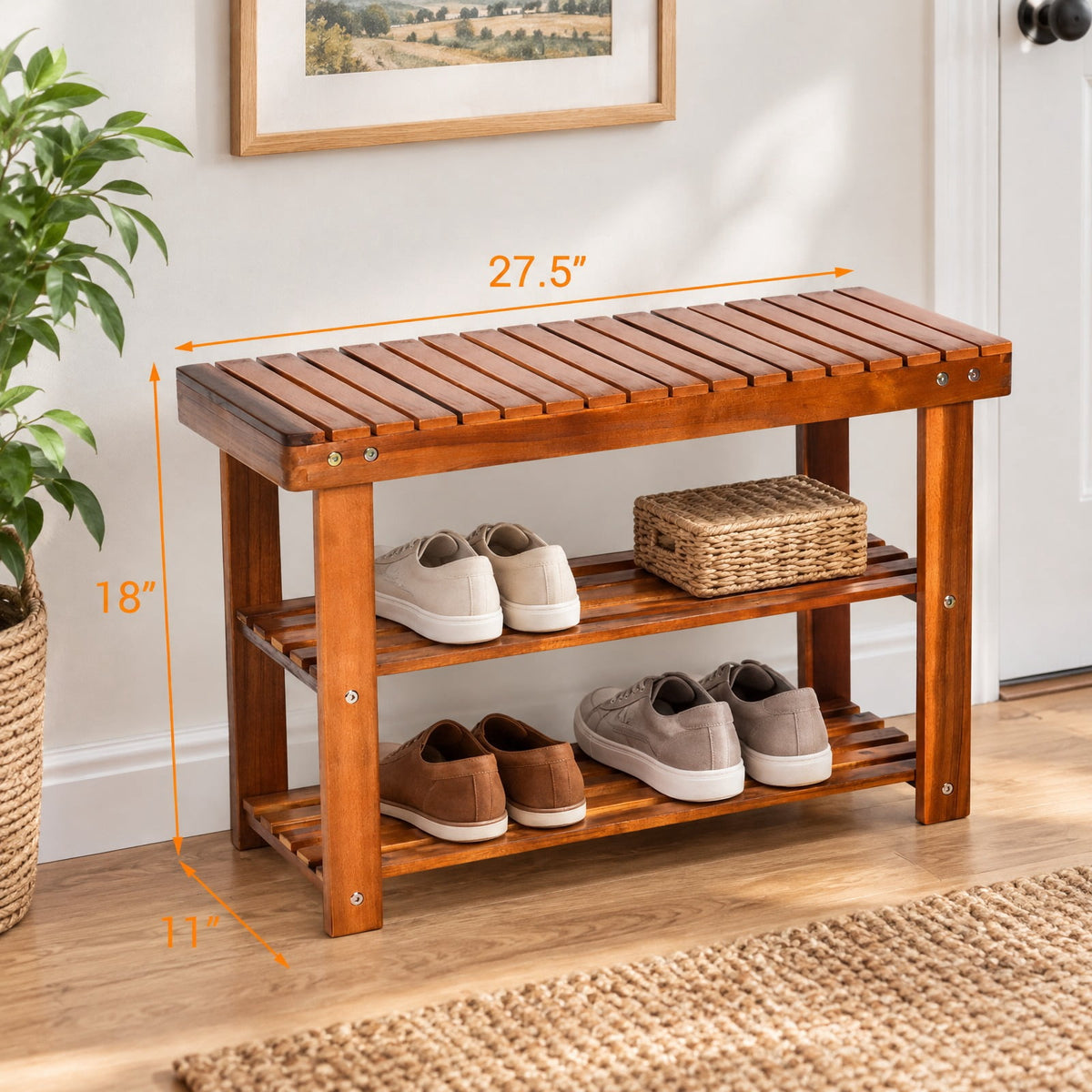 Airfind Freestanding Wood Bench with 3, 180 lbs Capacity, Acacia wood, 27.5 Inch x 11 Inch x 17.5 Inch (L x W x H) Weight: 10 lbs, Wood