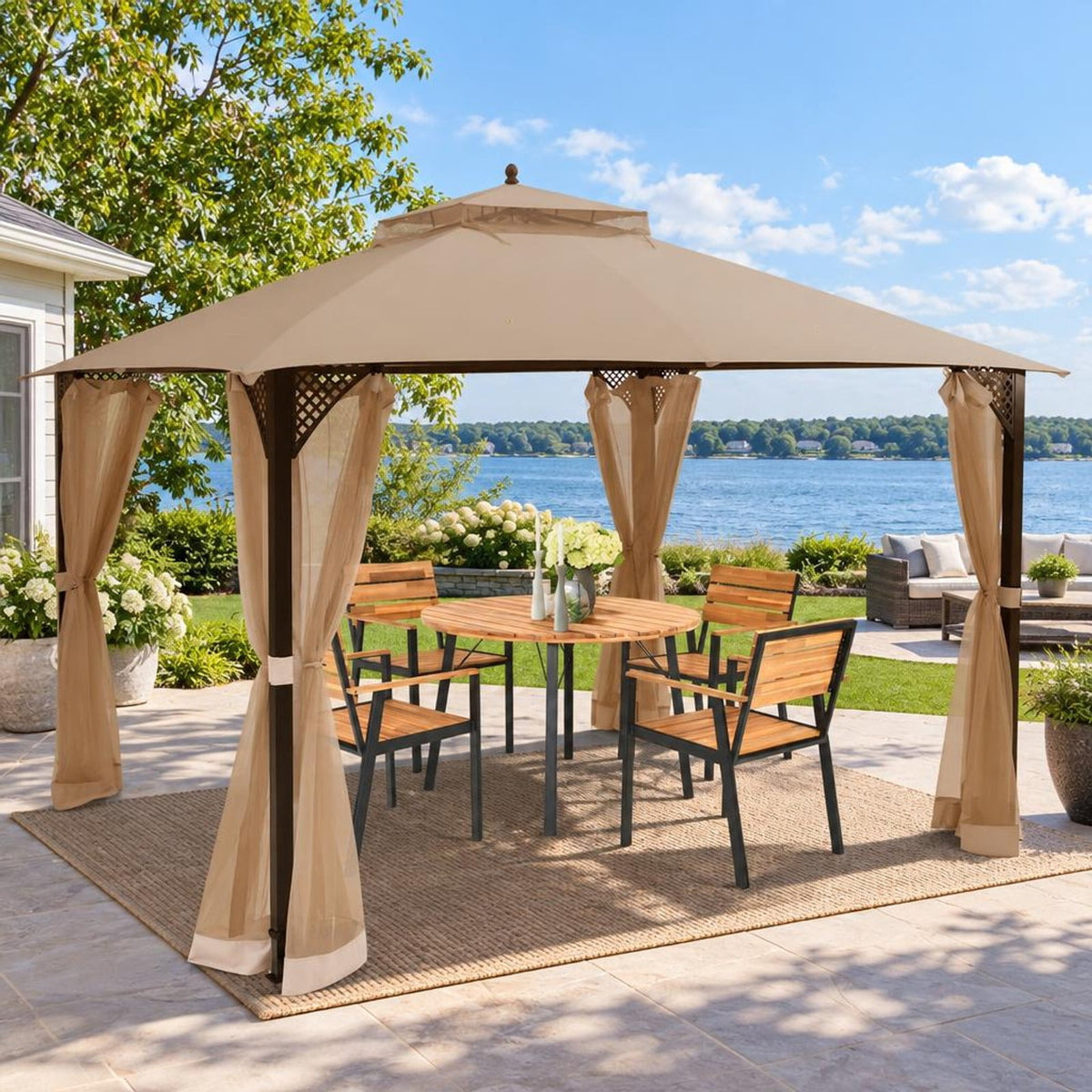Airfind 12 x 10 Feet Outdoor Double Top Patio Gazebo with Netting, Polyester steel Frame, 12 x 10 x 9.5 Footprint, Brown