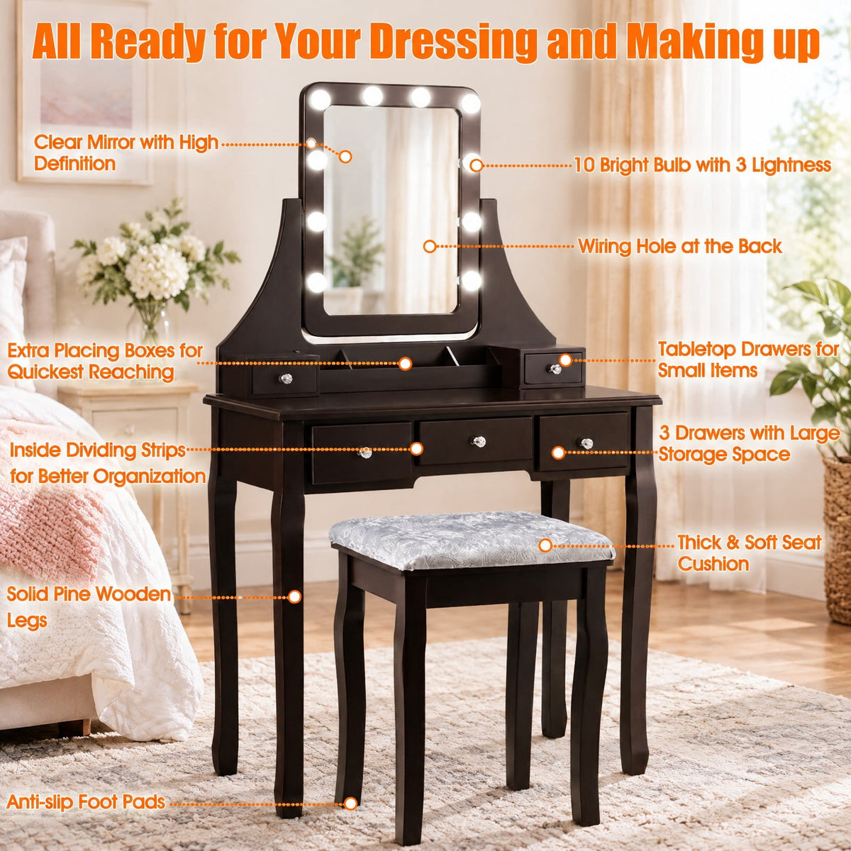 Airfind Vanity Dressing Table featuring 10 Dimmable Bulbs and Cushioned Stool, 220 lbs Capacity, MDF Pine Frame, 31.5 Inch x 16 Inch x 53 Inch Footprint, Brown