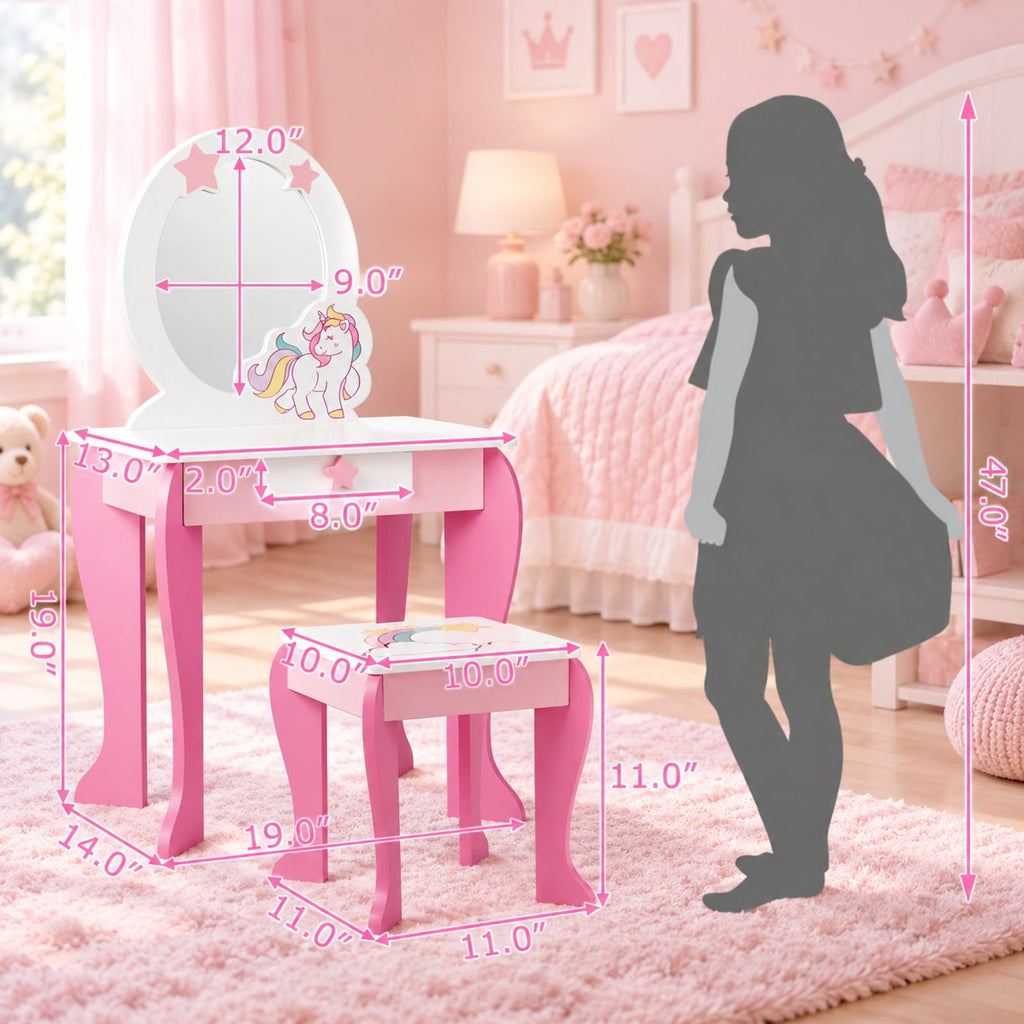 Airfind Kids Wooden Makeup Dressing Table and Chair Set with Mirror and Drawer, MDF Frame, 19 Inch x 14 Inch x 35 Inch Footprint, Pink