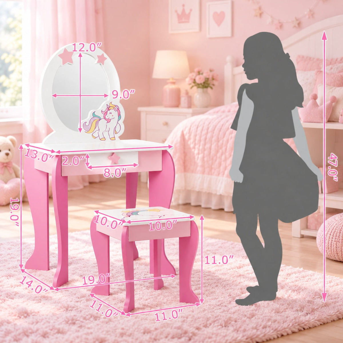 Airfind Kids Wooden Makeup Dressing Table and Chair Set with Mirror and Drawer, MDF Frame, 19 Inch x 14 Inch x 35 Inch Footprint, Pink