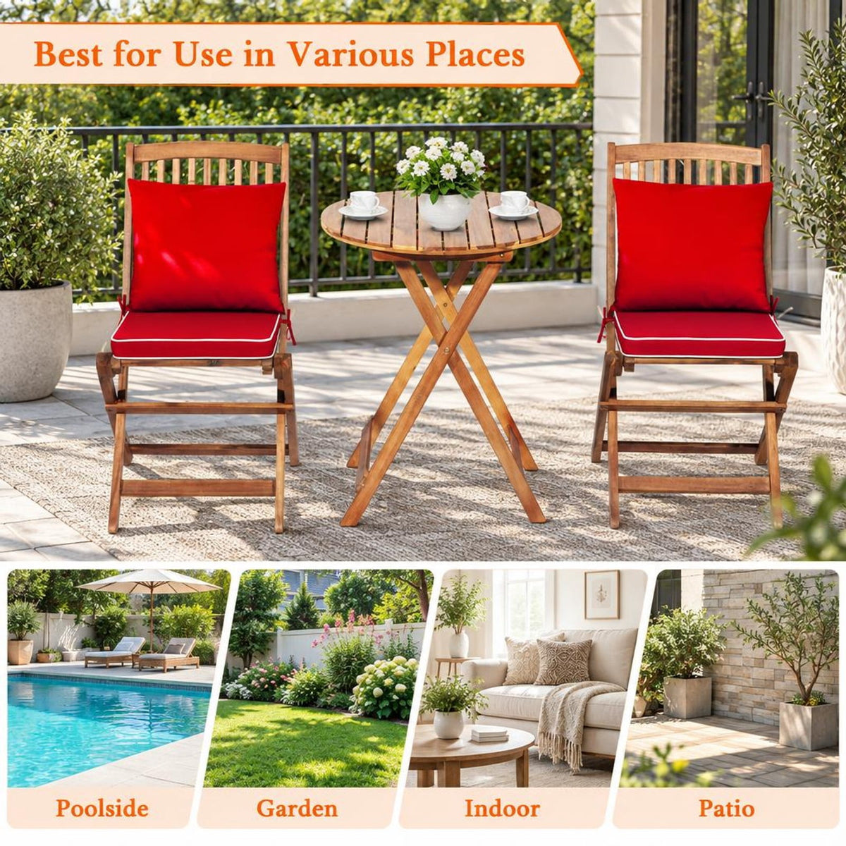 Airfind 3 Pieces Patio Folding Bistro Set with Padded Cushion and Round Coffee Table, 360 lbs Capacity, Acacia wood Frame, Red
