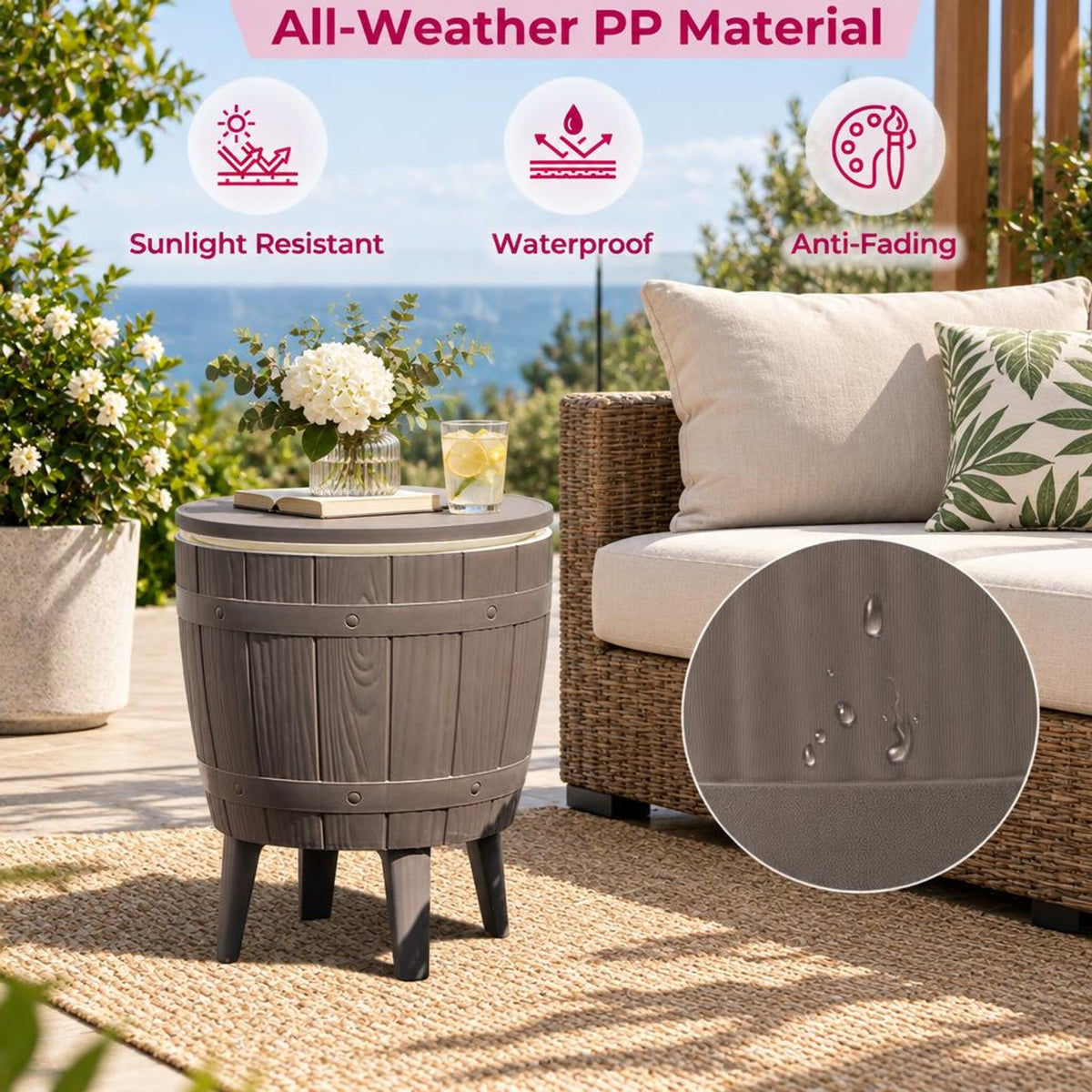 Airfind 10 Gallon Cooler Bar Table Outdoor Coffee Table Ice Bucket with Telescopic Tabletop for Beer and Wine, 110 lbs Bucket Capacity, Brown