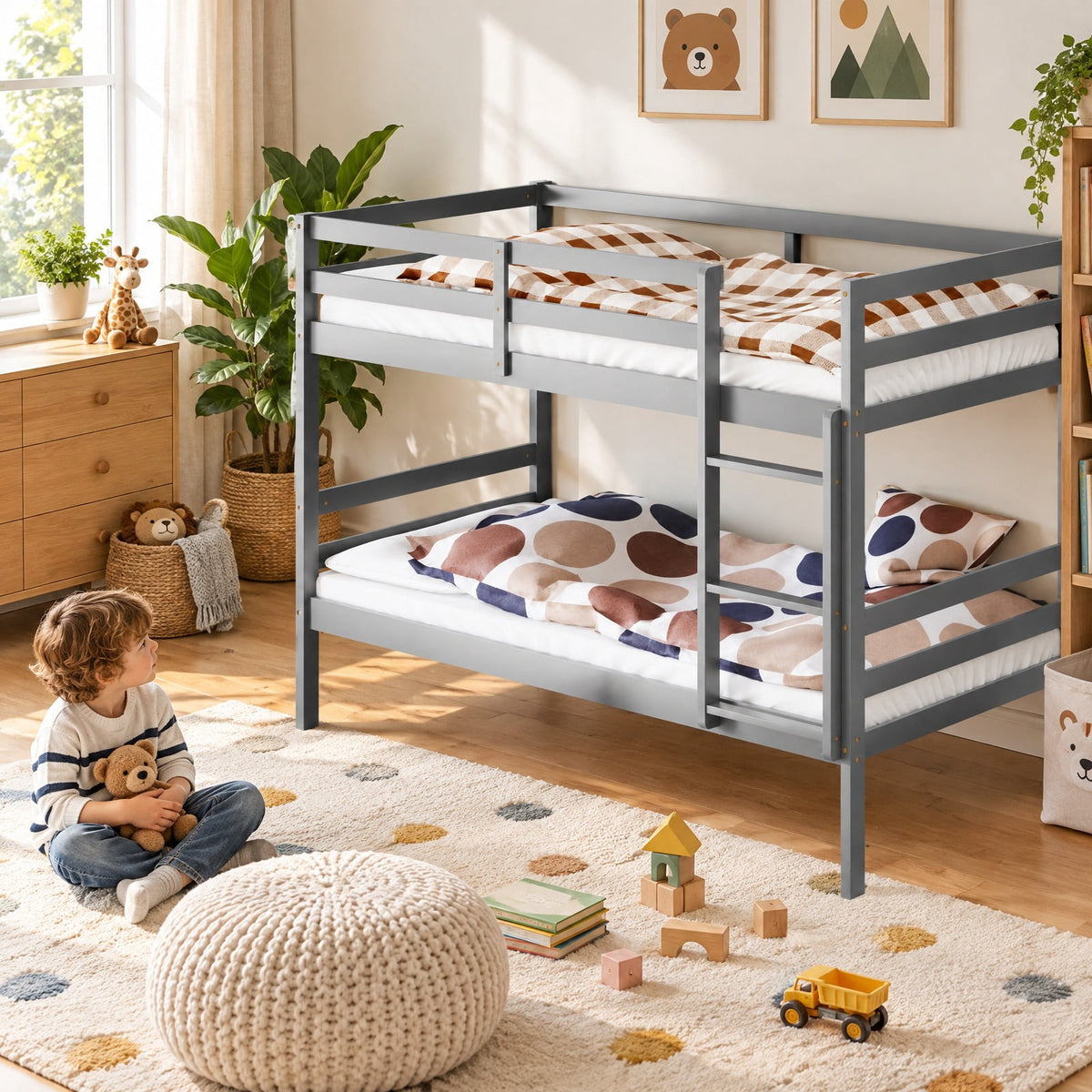 AIRFIND Twin Over Twin Bunk Bed with Pine Wood Frame, Plywood Slats, Inclined Ladder, Guardrails and Wall Brackets, Mattress Not Included, Gray