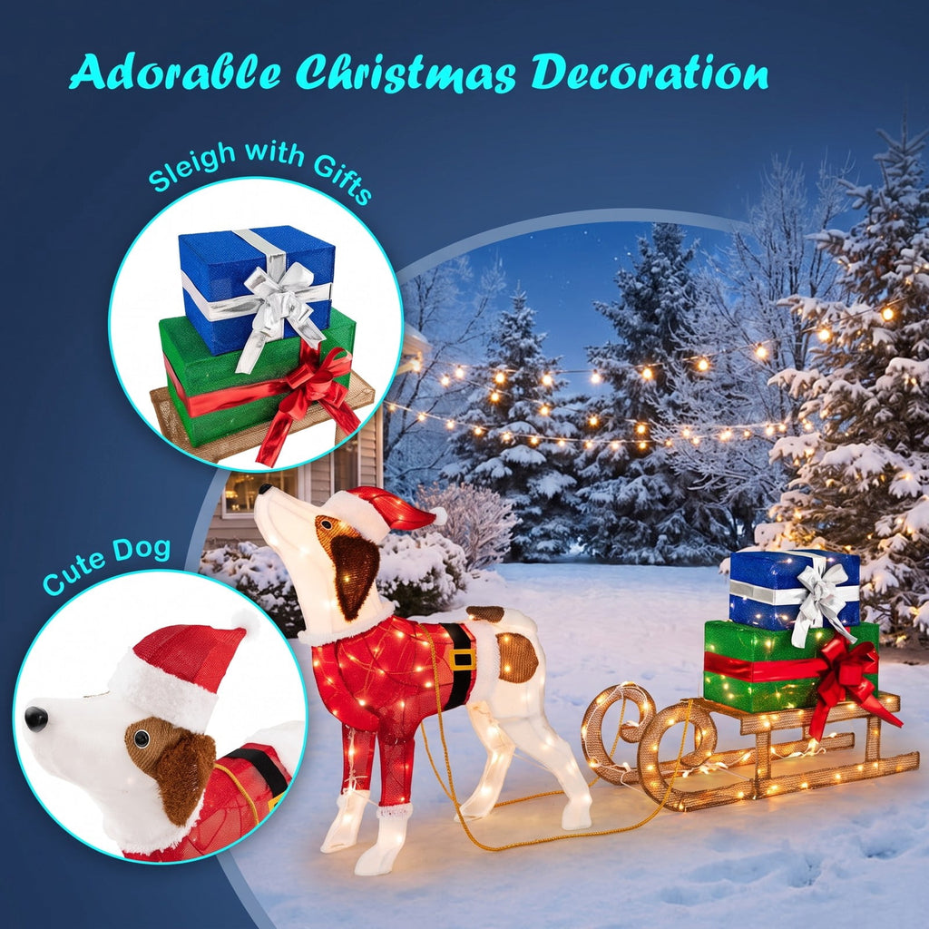 Airfind Outdoor Pre-lit Xmas Dog and Sleigh with 170 Warm Bright Lights for Porch, Fabric Metal