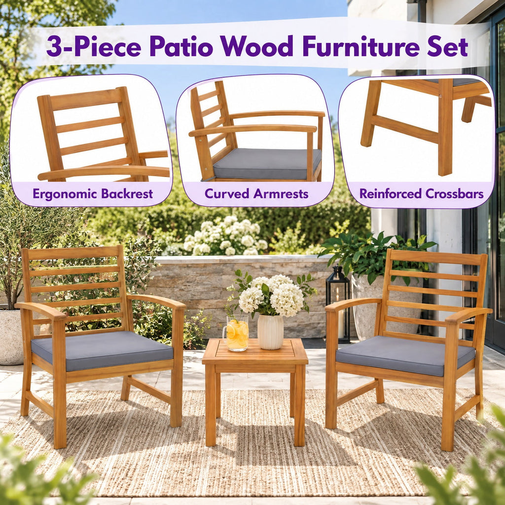 Airfind 3 Pieces Outdoor Furniture Set with Soft Seat Cushions, Chair 400 lbs Capacity, Acacia Wood Sponge Polyester Frame, Gray