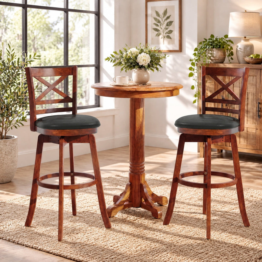 Airfind Swivel Barstools Set of 2 with Backrest and Footrest-29 Inches, 350 lbs Capacity, Rubberwood PU MDF Sponge Frame, Antique Walnut + Black