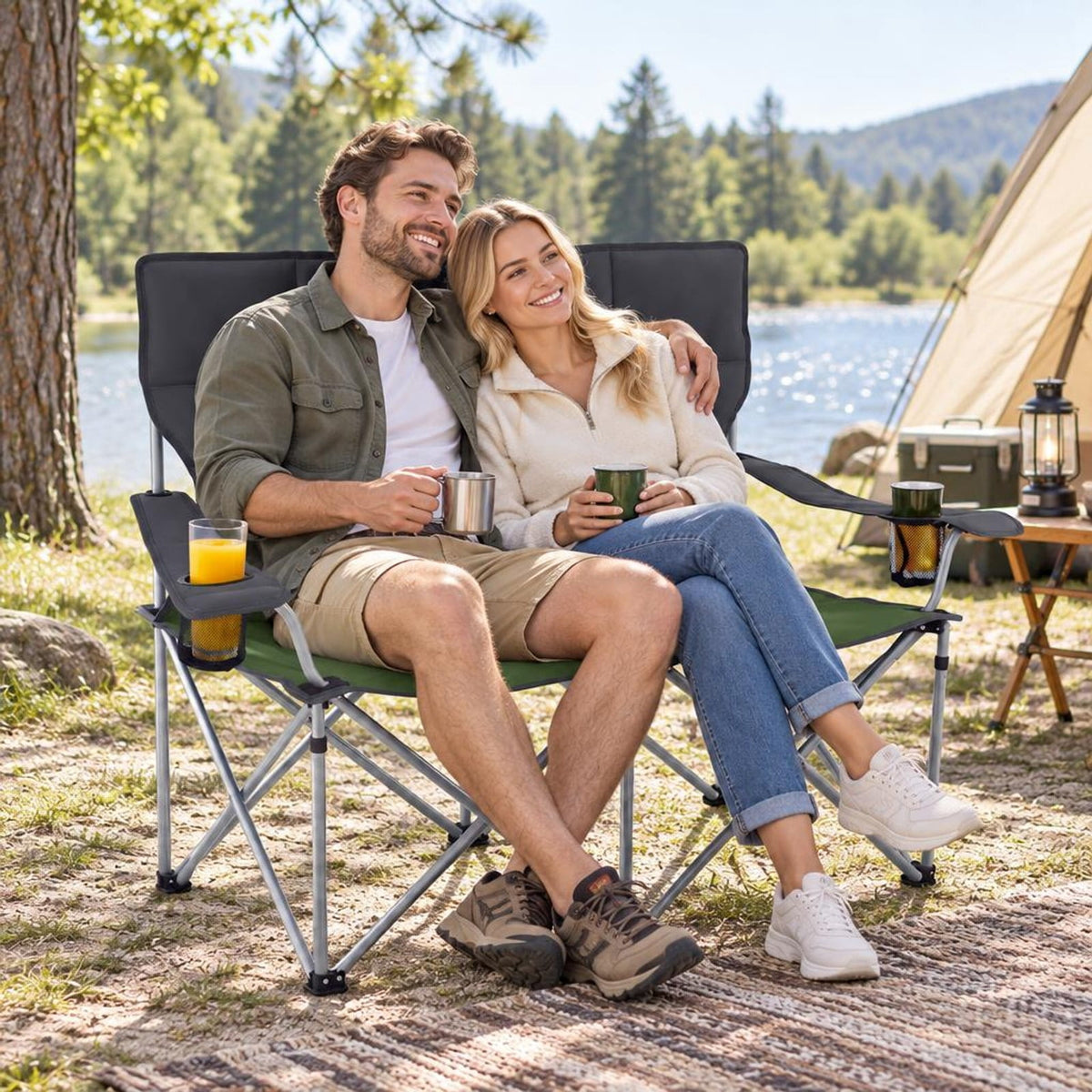 Airfind Double Camping Chair with Carry Bag Cup Holders, 660 lbs Capacity, Metal Oxford Fabric Sponge, 40 Inch x 20.5 Inch x 36.5 Inch , Green