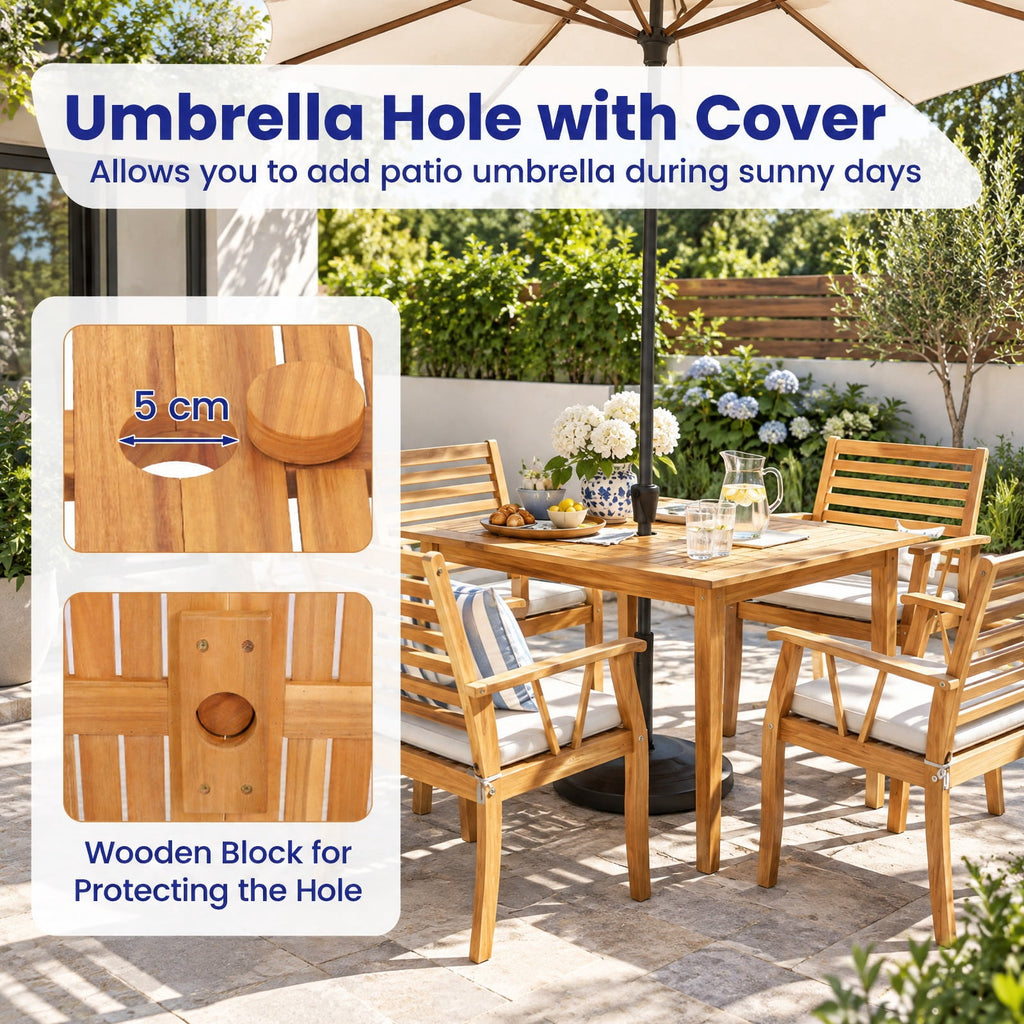 Airfind 63 inch Outdoor Dining Table with Umbrella Hole Farmhouse Bistro Dinette Furniture, 165 lbs Capacity, Acacia Wood Frame, Natural