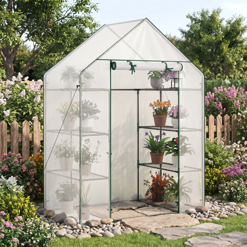 Airfind Portable Walk-in Greenhouse with 3 Tiers and 6 Shelves, PE Frame, 56 x 28 x 76 Footprint, White