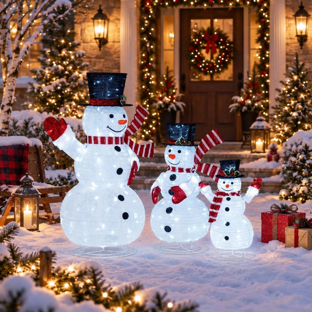 AIRFIND Pre Lit Snowman Decorations Set of 3, 3D Outdoor Christmas Display with Metal Frames and 270 LED Lights, Multi Color