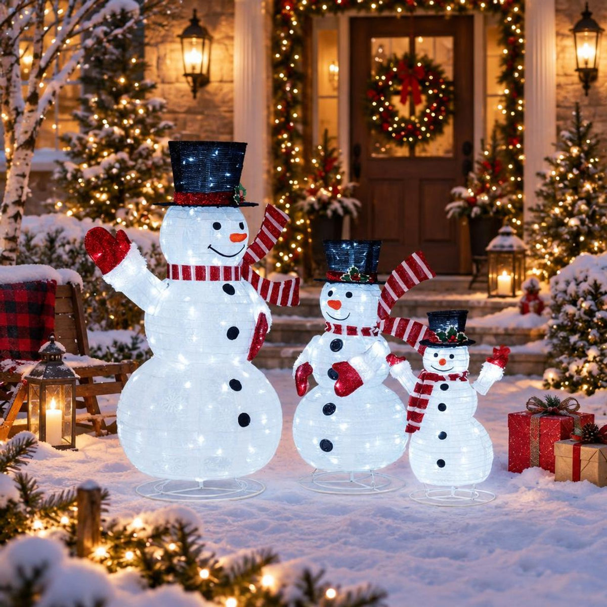 AIRFIND Pre Lit Snowman Decorations Set of 3, 3D Outdoor Christmas Display with Metal Frames and 270 LED Lights, Multi Color