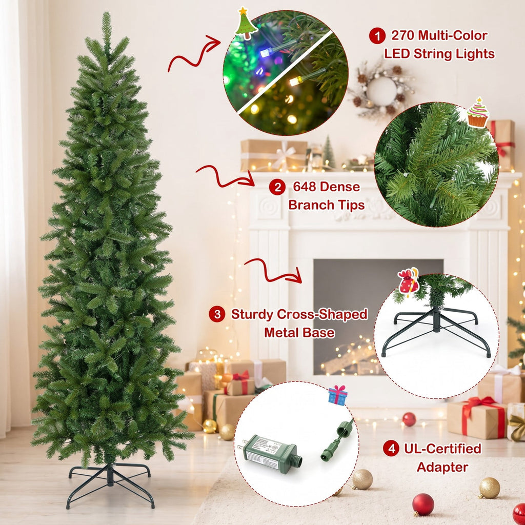 Airfind 6 Feet Pre-Lit Artificial Christmas Pencil Tree with 648 PVC PE Branch Tips, PVC PE metal Frame, 29.13 x 29.13 x 70.87 inch Footprint, Green