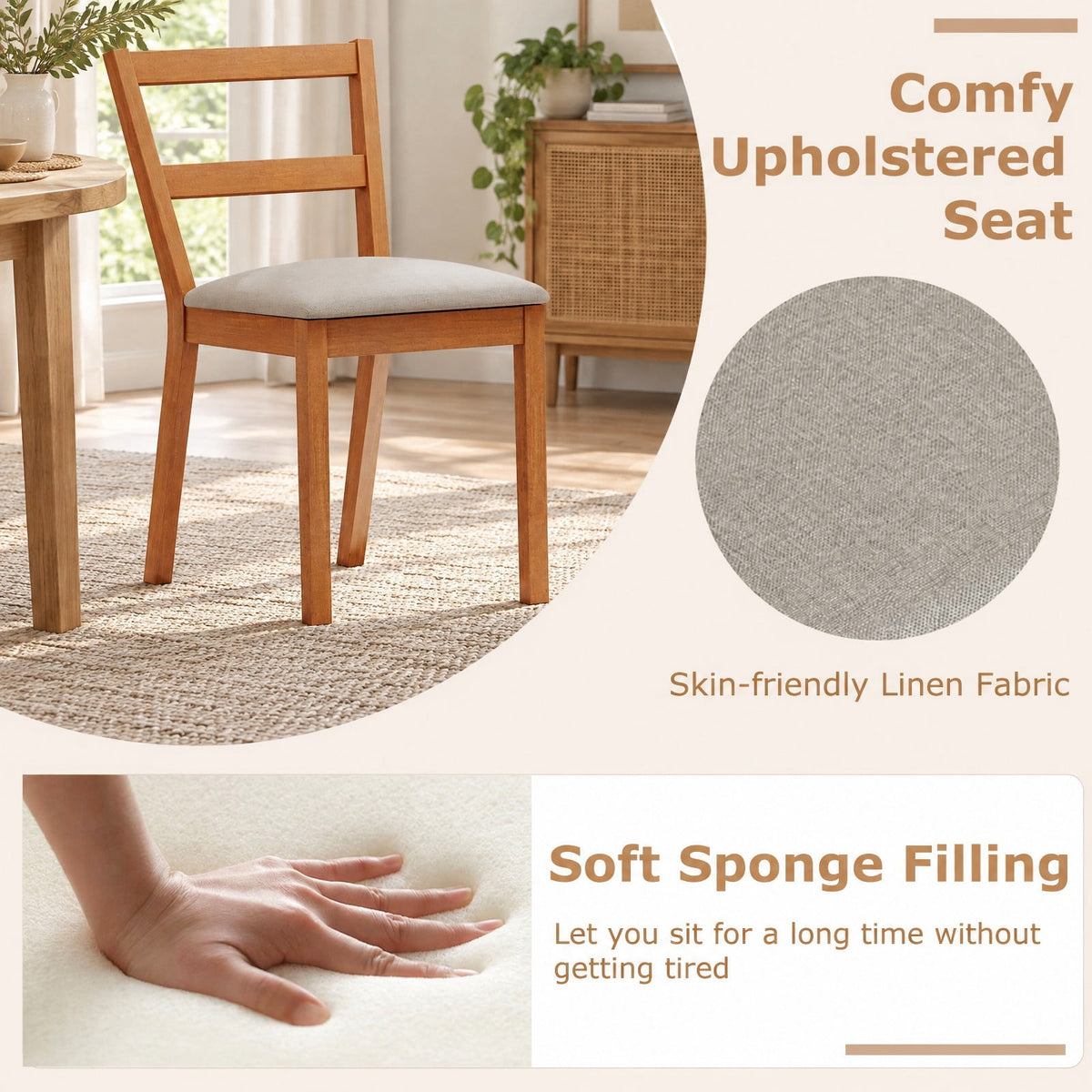 Airfind Wooden Dining Chair Set of 2 Farmhouse Kitchen Chair with Upholstered Seat, 400 lbs Capacity, Rubber Wood Frame, Brown