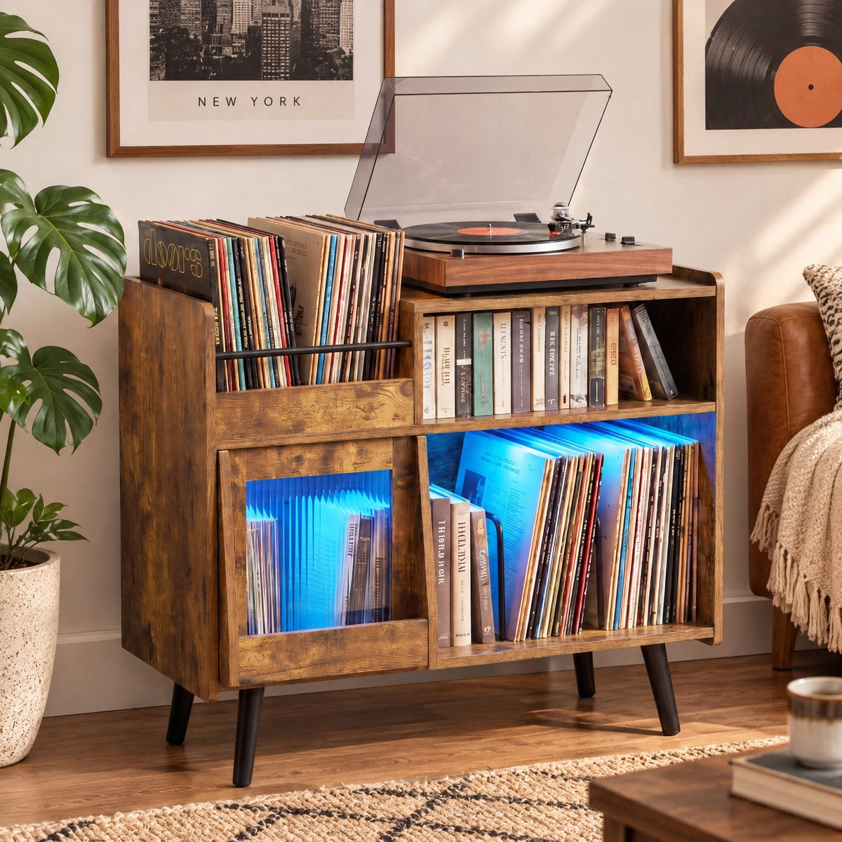 Airfind Record Player Stand with LED Light and Power Outlets, 66 lbs Capacity, Model JV14100US-CF