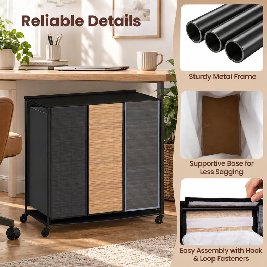 Airfind 21.4 Gal Laundry Hamper with Lid 3-Section with 2 Lockable Wheels, 11 lbs Capacity, Bamboo Metal Oxford Cloth Frame, Gray