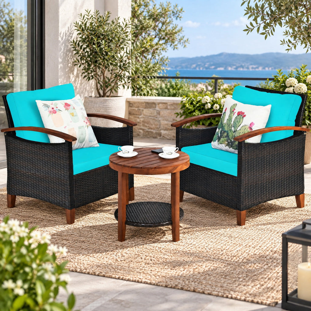 Airfind 3 Pieces Patio Rattan Furniture Set with Washable Cushion and Acacia Wood Tabletop, 360 lbs Capacity, 26 x 27.5 x 31 Footprint, Turquoise