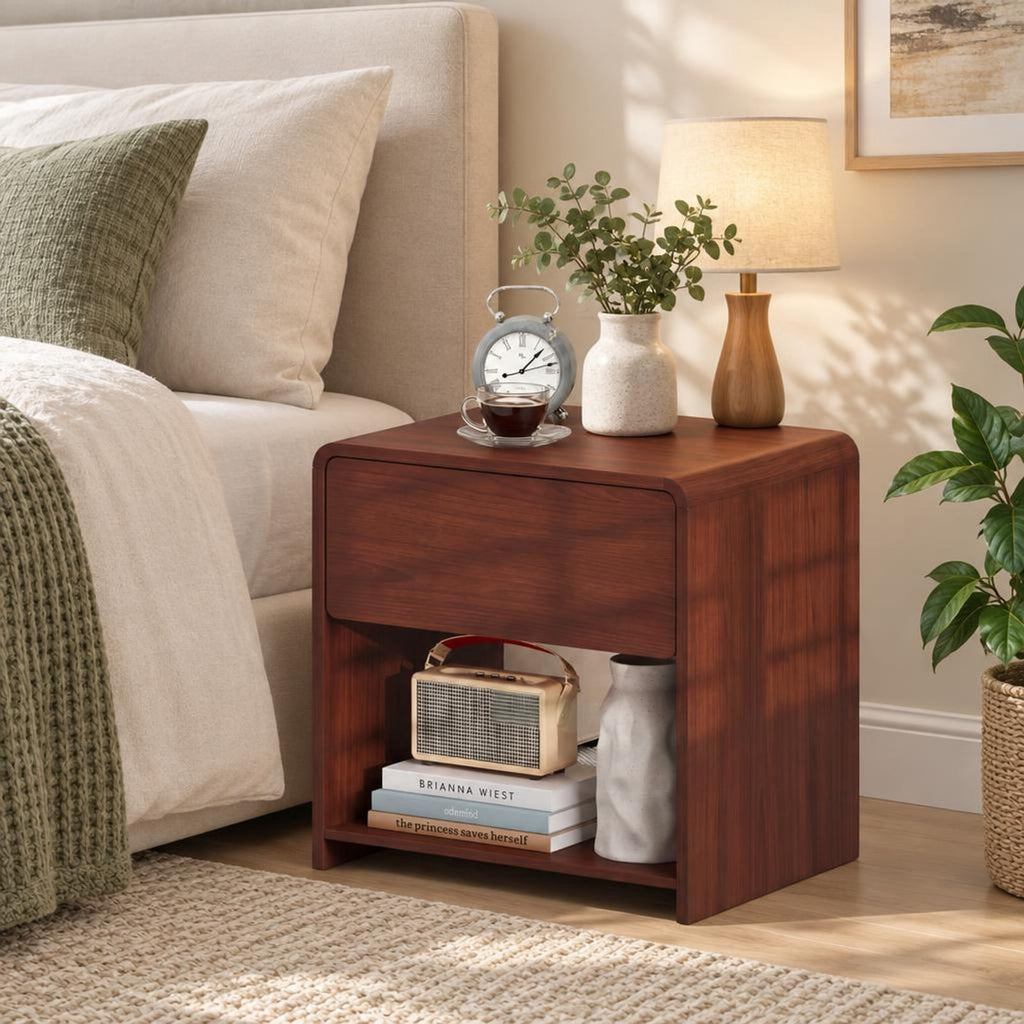Airfind 2-Tier Modern Style Nightstand with Drawer and Open Shelf for Bedroom, in Total 77 lbs Capacity, Metal Engineered Wood Frame, Walnut