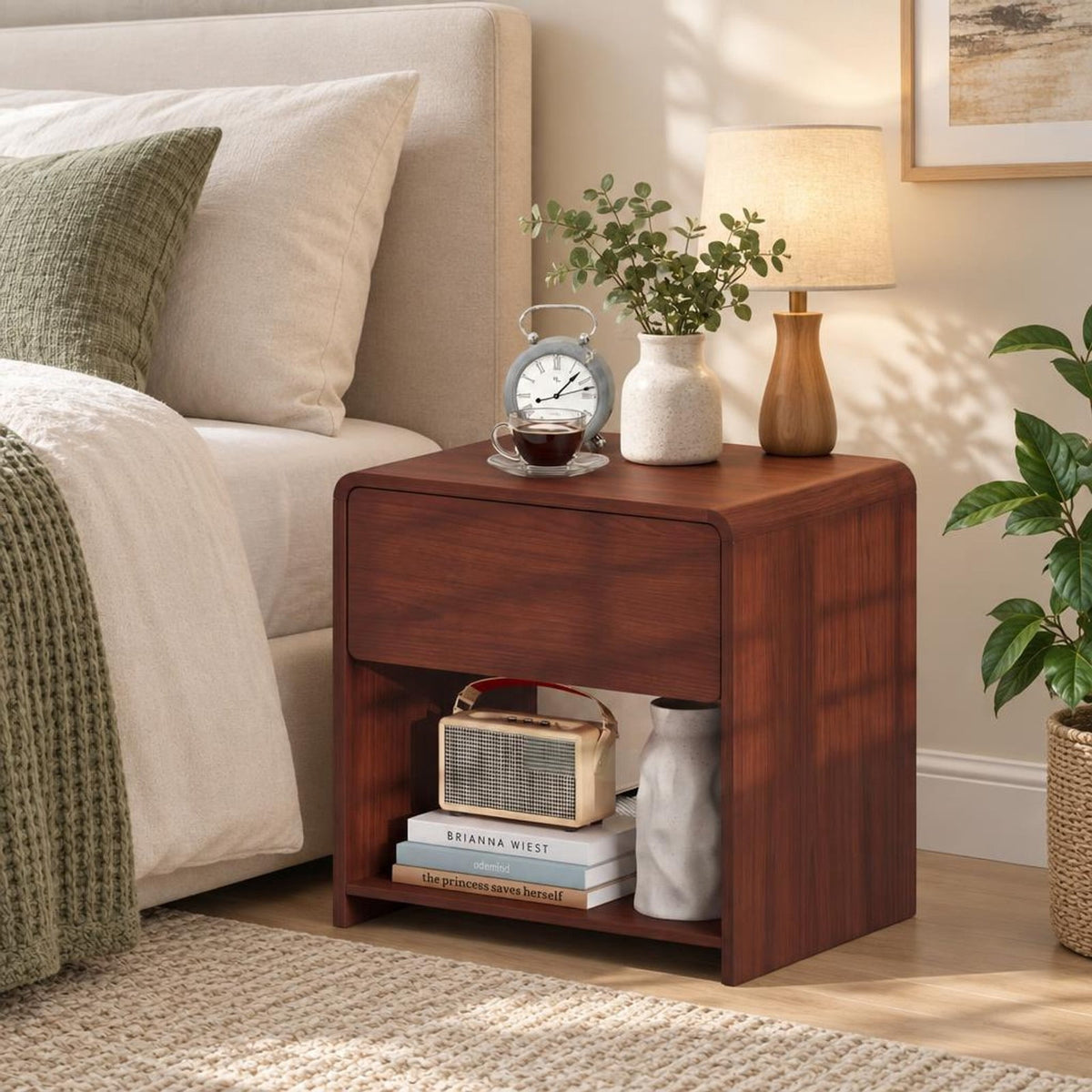 Airfind 2-Tier Modern Style Nightstand with Drawer and Open Shelf for Bedroom, in Total 77 lbs Capacity, Metal Engineered Wood Frame, Walnut