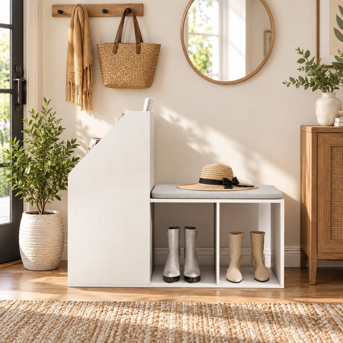 Airfind Shoe Storage Bench with Removable Seat Cushion and 6 Storage Compartments, 200 lbs Capacity, 38in x 15.5in x 31in Footprint, White