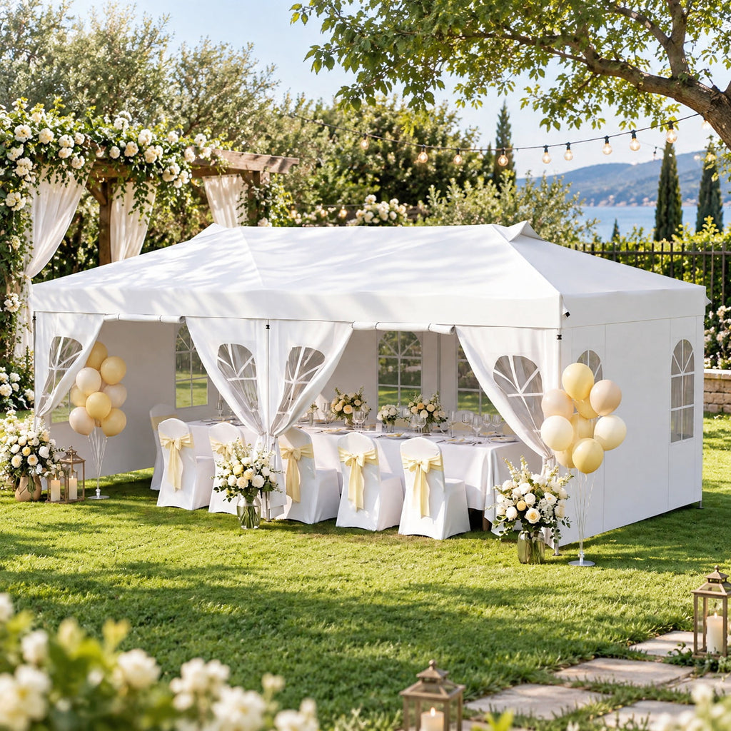 Airfind 10 x 20 FT Pop Up Canopy Tent with 6 Sidewalls and Adjustable Height, PE Metal Fabric Frame, 20 x 10 x 8.5/8.2/7.9 ft Footprint, White