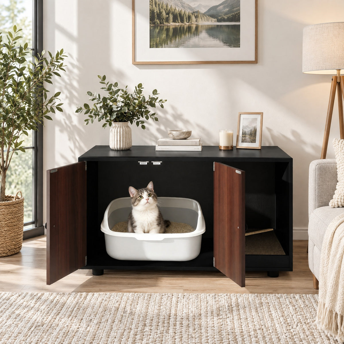 Airfind Wooden Cat Litter Box Enclosure Hidden Litter Box Furniture with Scratching Board, Engineered Board MDF Frame, Oak
