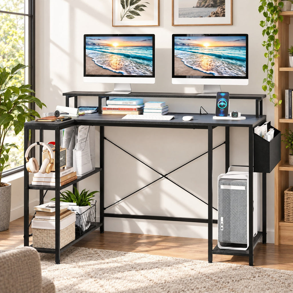 Airfind L-Shaped Gaming Desk with LED Lights and Power Outlets, 200 lbs Capacity, Engineered Wood Metal Frame, 48 x 31.5 x 34.5 Footprint, Black
