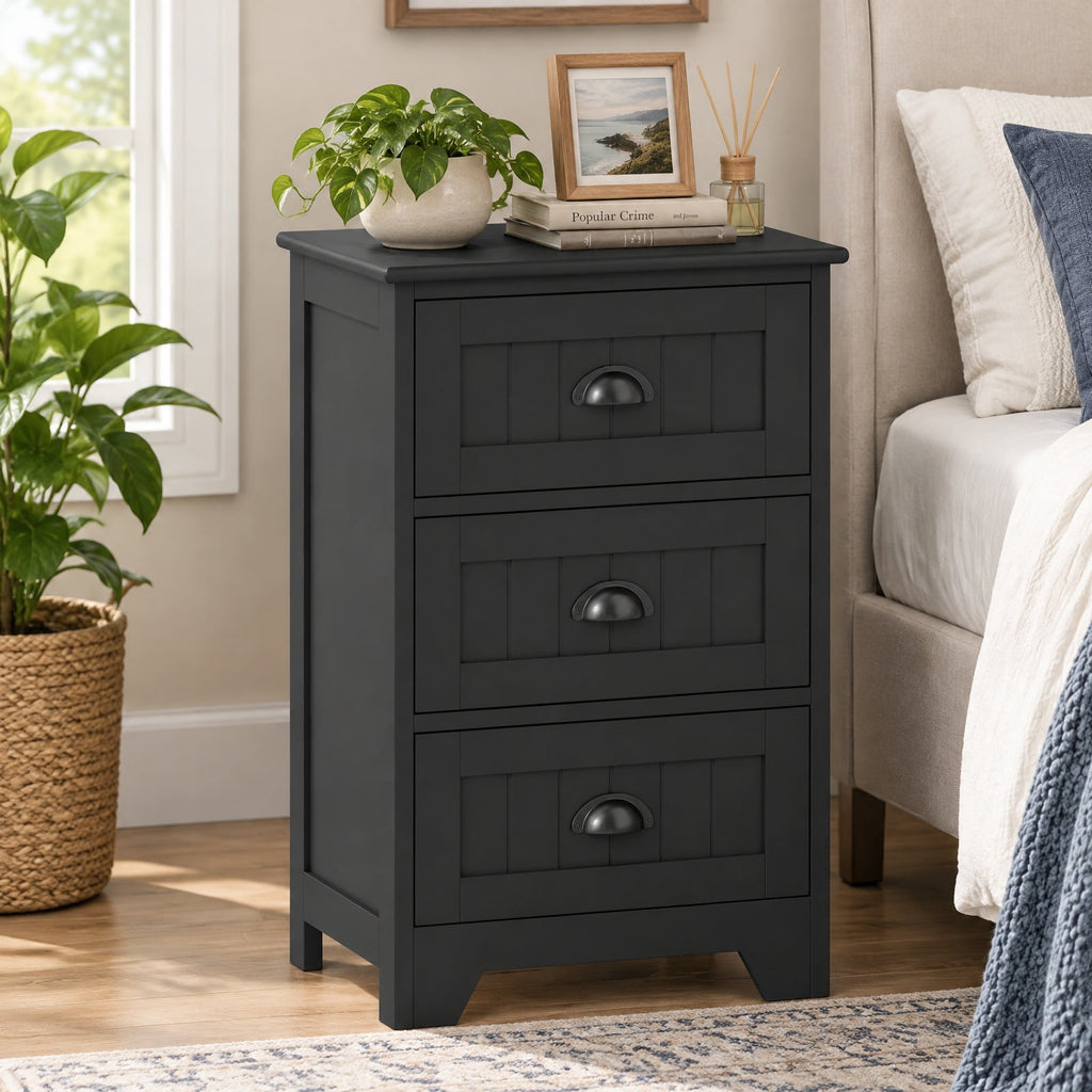 Airfind 3 Drawers End Storage Wood Side Nightstand, 88 lbs Capacity, P2 MDF Frame, 18 x 12 x 27 Footprint, Black