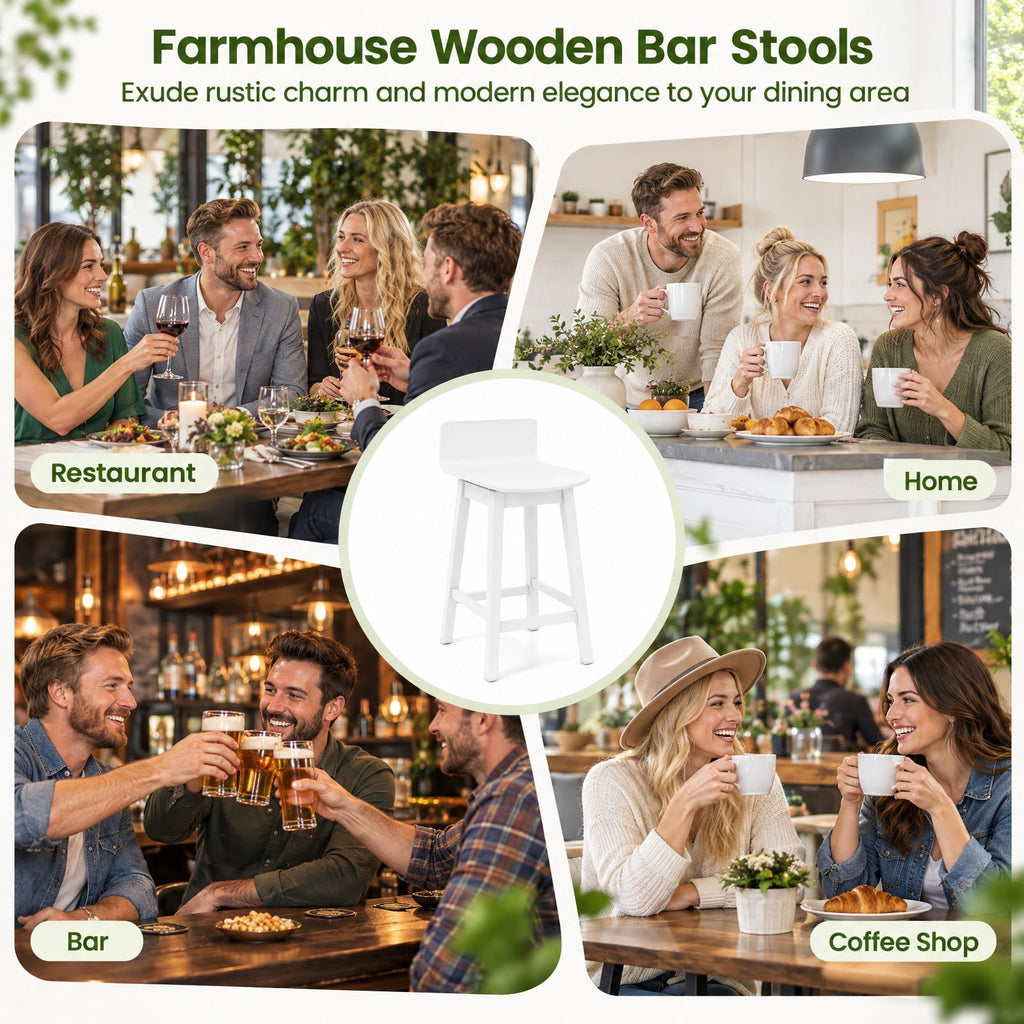 Airfind 24.5 Inch Swivel Wooden Bar Stools Set of 4 with Rubber Wood Legs and Low Back, 350 lbs Capacity, Rubber Wood Plywood Frame, White