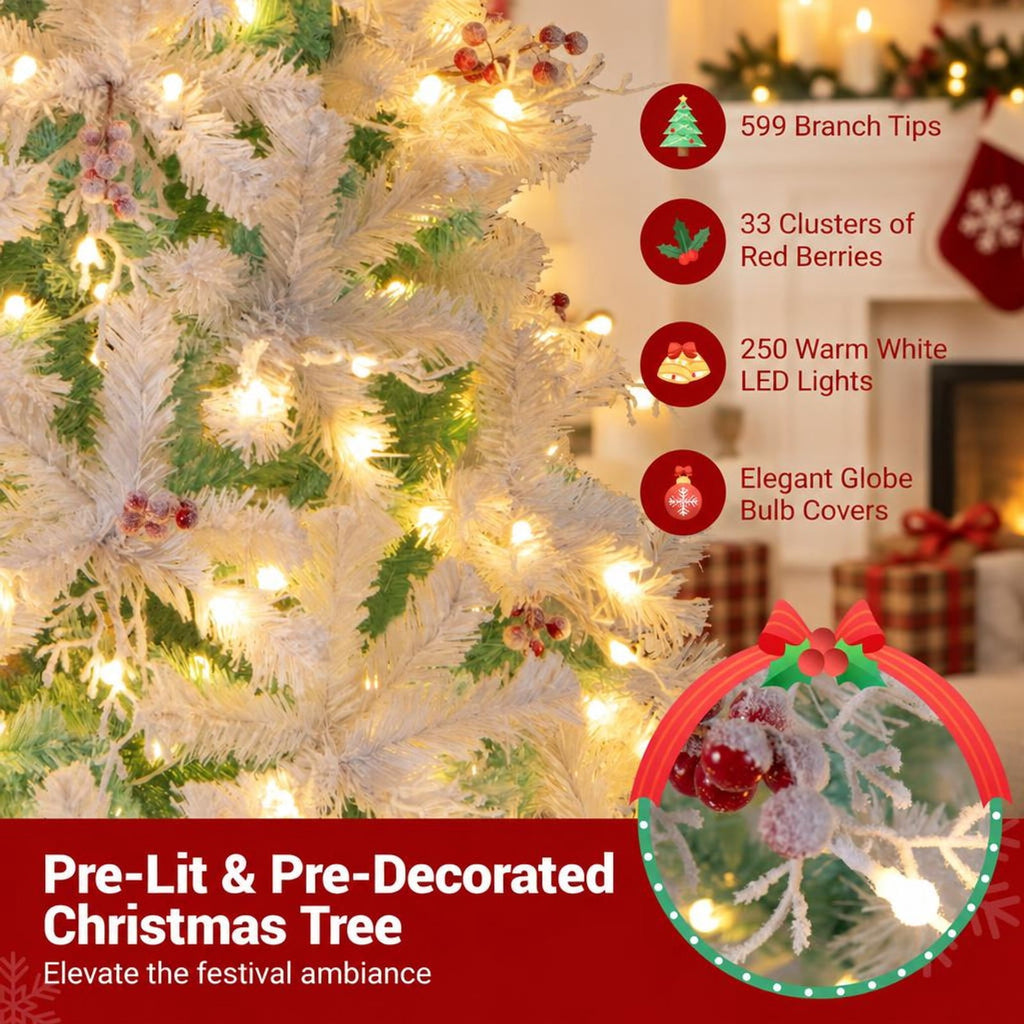 Airfind Pre-Lit Artificial Christmas Tree with Snow Flocked Branch Tips, PVC PE Metal Frame, 3.8 x 6 ft Footprint, White+Lake Blue